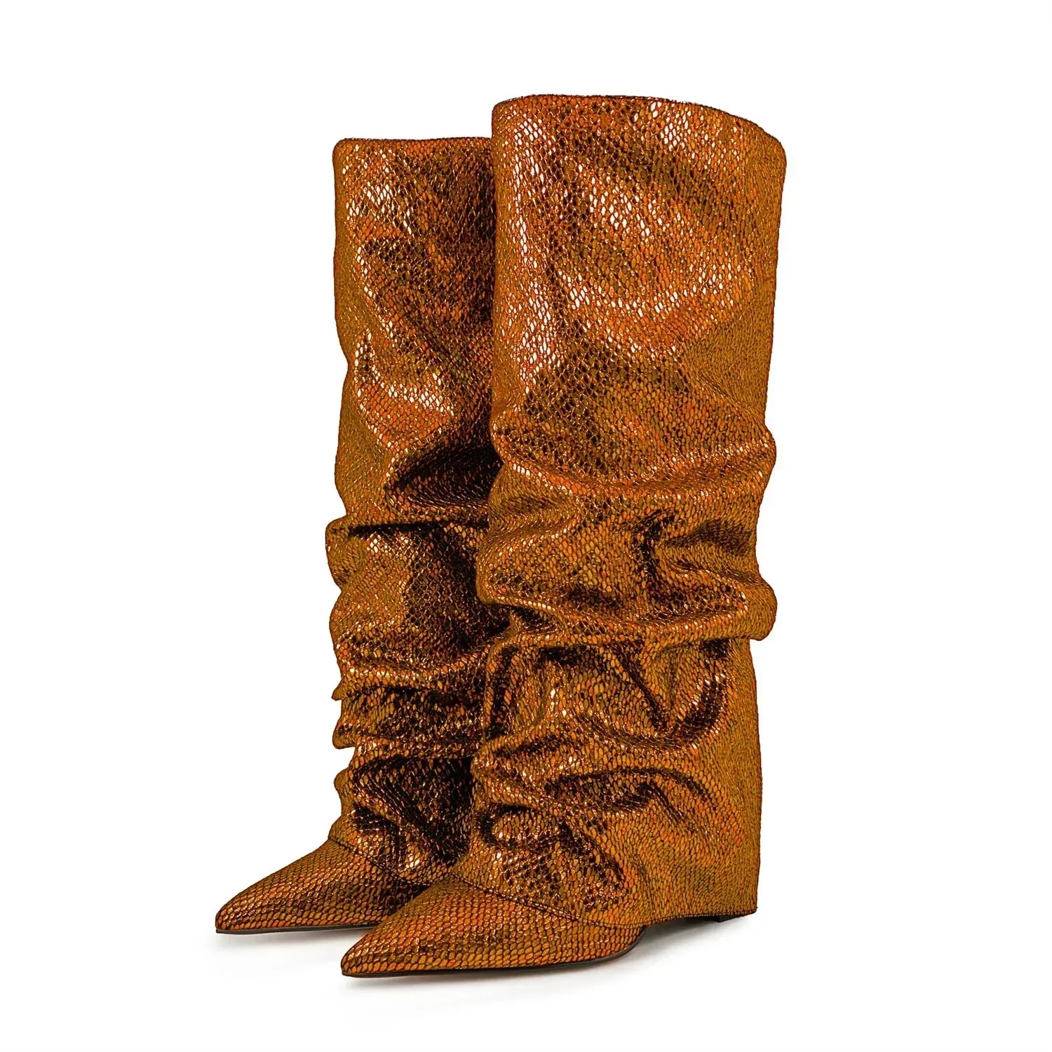 Wrinkled Knee Length Skirt Boots