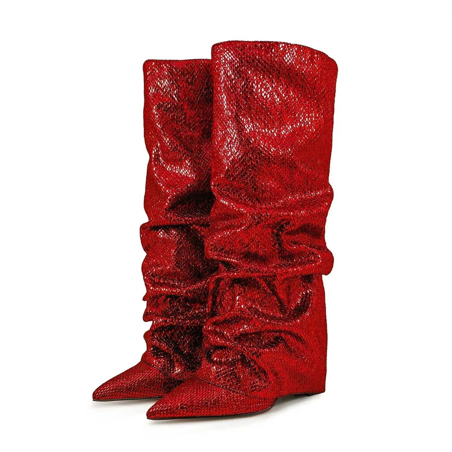 Wrinkled Knee Length Skirt Boots