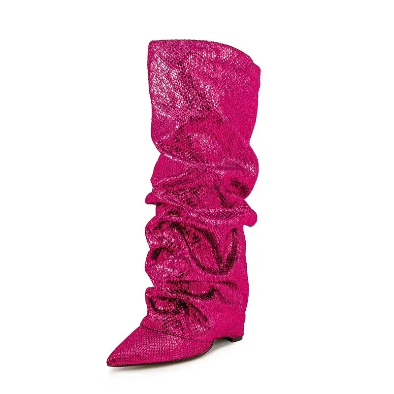 Wrinkled Knee Length Skirt Boots