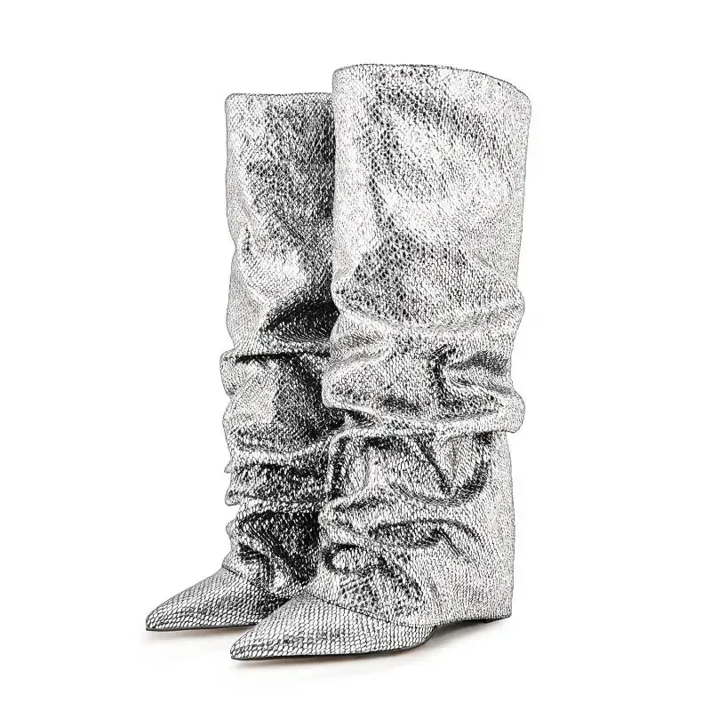 Wrinkled Knee Length Skirt Boots